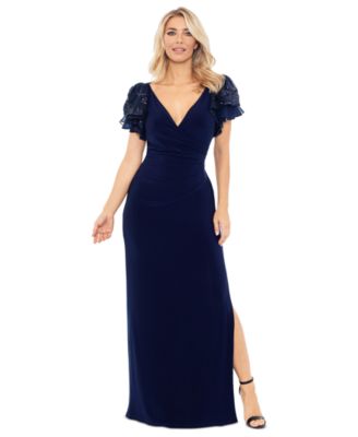 Betsy Adam Womens Sequin-Sleeve Surplice Navy 4