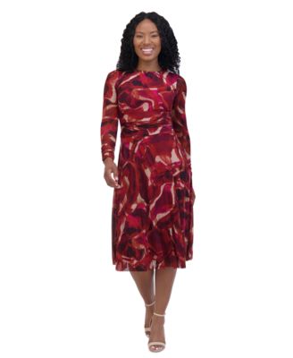Jessica Howard Petite Printed Ruched-Waist Mi Red Multi 10P