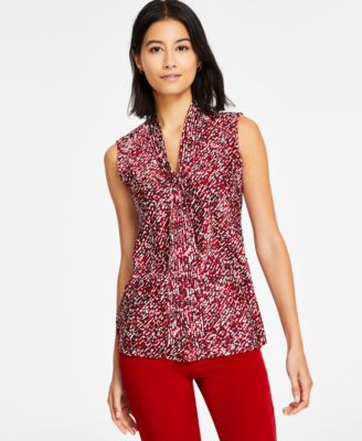 Kasper Womens Satin Printed Tie-Neck Fire Red Multi L