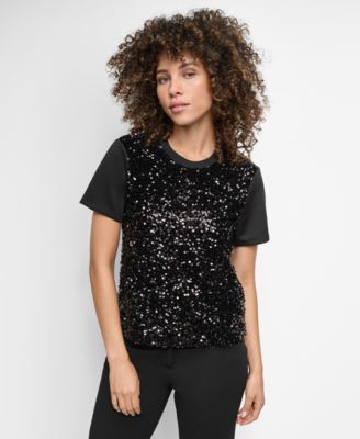 DKNY Womens Crewneck Short-Sleeve Blk Seqn W XS 755403341518 XS RT $89.0