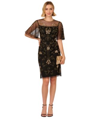 Adrianna Papell Womens Beaded Illusion-Neck D BlackGold 6