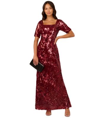Adrianna Papell Womens Square-Neck Sequin Gow Garnet 10