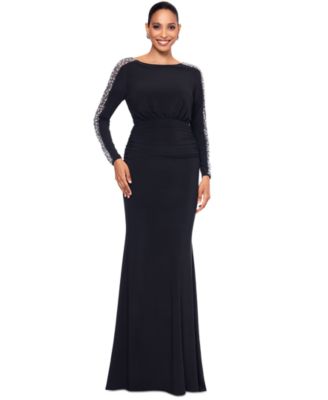Betsy Adam Womens Beaded-Sleeve Ruched G Black Silver 12