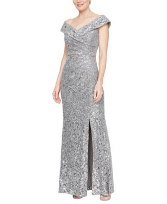 Alex Evenings Womens Sequined Lace Off-The- Pewter 6