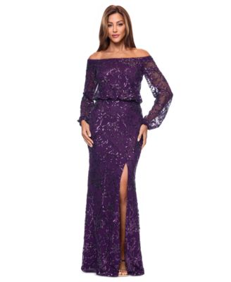 XSCAPE Petite Sequin Off-The-Shoulder Eggplant 16P