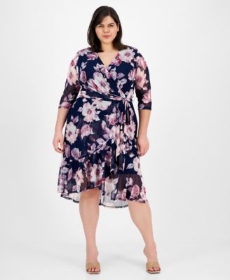 Connected Plus Size 34-Sleeve Ruffle-Tr Navy Mauve 20W