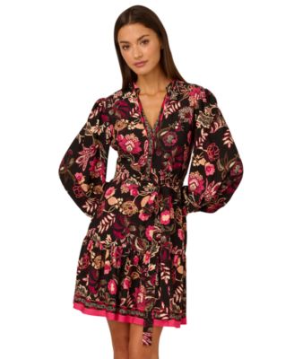 Adrianna Womens Floral-Print Button-Fr Black Multi 10