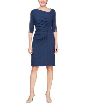 SL Fashions Womens Metallic Ruched Sheath Navy 16