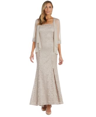 R M Richards Womens 2 Pc. Lace Beaded Gown Champagne 6