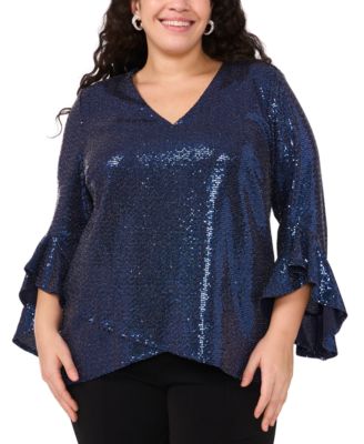 MSK Plus Size V-Neck Bell-Sleeve S Navy 1X