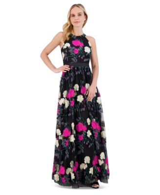 Eliza J Petite Embroidered Tulle Ball Black Multi 6P