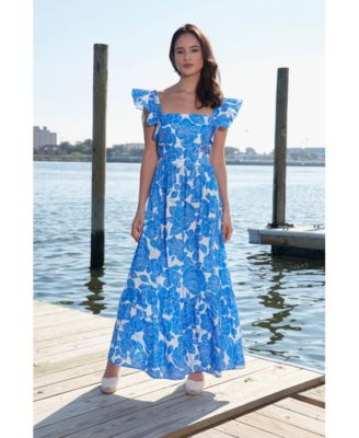 London Times Womens Square-Neck Ruffled-Sl Ivoryblue 12