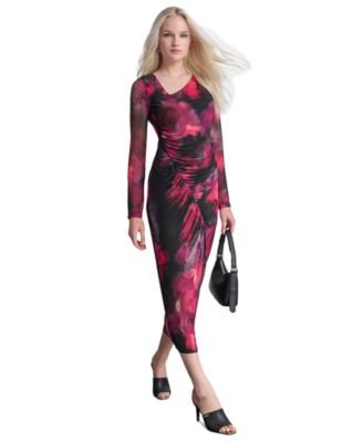 DKNY Womens Asymmetric Ruched Prin Black Multi 16