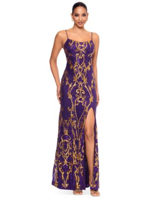 Betsy Adam Petite Scoop-Neck Beaded Sequi PurpleGold 6P
