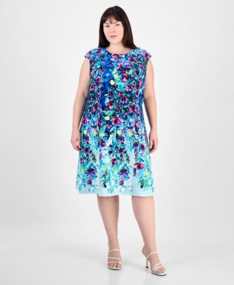Connected Plus Size Printed Scuba Sleeve Peacock 24W