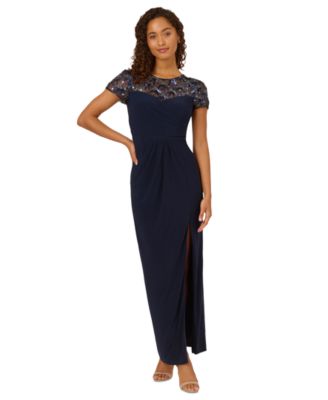 Adrianna Papell Womens Beaded High-Slit Jerse Midnight 12