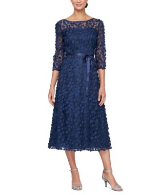 Alex Evenings Womens 3-D-Flower A-Line Midi Navy 6