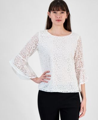 Kasper Womens Lace Bell-Sleeve Ruffl Lily White XL