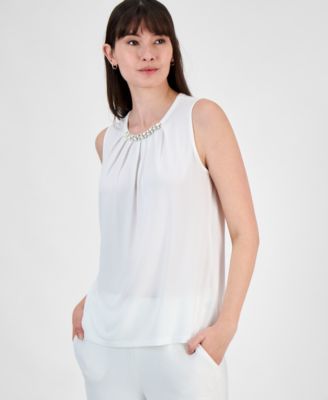 Kasper Womens Beaded-Neck Shell Top Vanilla Ice L