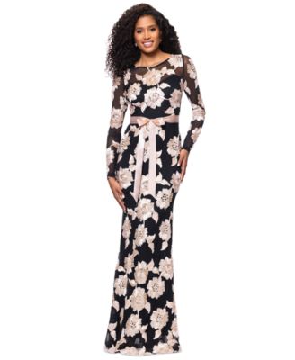 Betsy Adam Womens Embroidered Mesh Gown Black Champagne 16