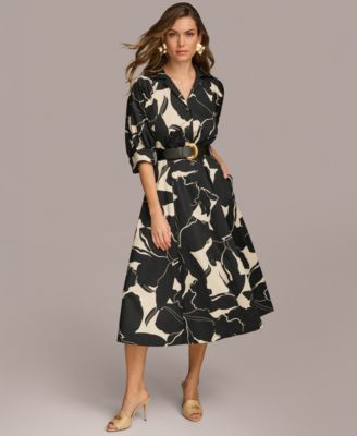 Donna Karan New York Petite Printed Belted Shirtdre Black Parchment 2P