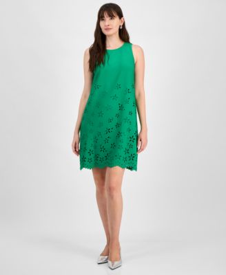 Anne Klein Womens Floral-Cutout Sleevele Green Clove 10