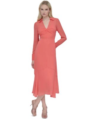 DKNY Womens Collared V-Neck Long-S Coral Crush 6
