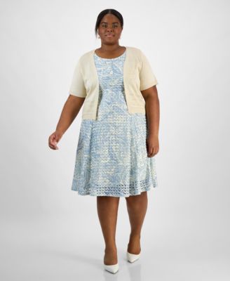 Robbie Bee Plus Size Pointelle Knit Shrug White Blue 1X