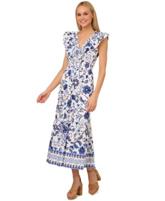 Adrianna Womens Cotton Ruffle V-Neck M Bluewhite 10