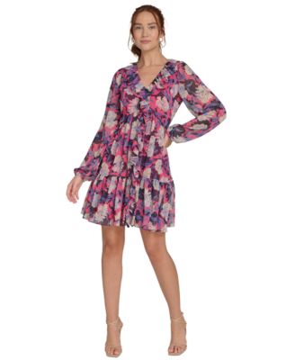 Tommy Hilfiger Womens Printed Ruffled Blouso Hot Pink Multi 12