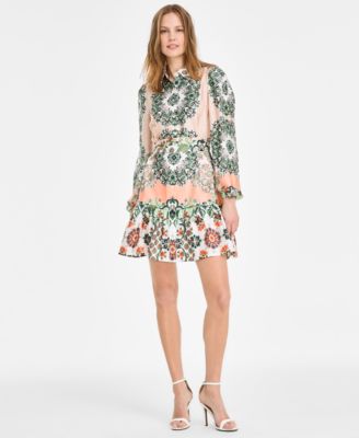 Anne Klein Womens Printed Tiered Button- Meadow Green Multi 14