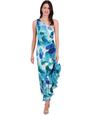 Eliza J Womens One-Shoulder Satin Asy Blue 8