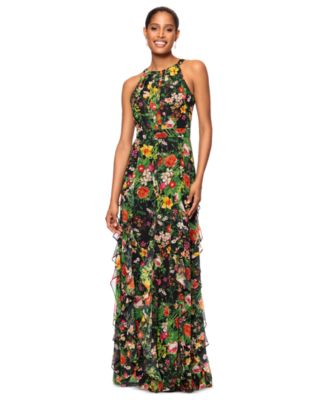 Betsy Adam Petite Printed Ruffled Halter- BlackRed 10P