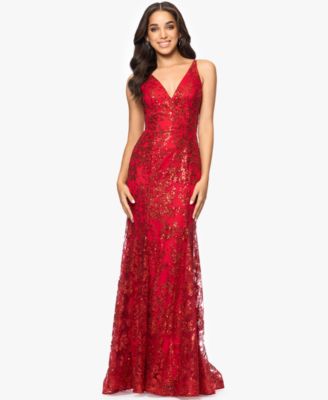 Blondie Nites Juniors Glitter-Floral V-Neck Red 9