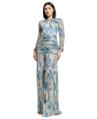 Dress the Population Womens Lucille Printed Ruched Pale Blue Multi S