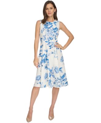 Calvin Klein Womens Floral-Print A-Line Dr Chambray Multi 2