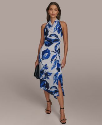 Donna Karan New York Womens Printed Mock-Neck Slee Cream Electic Blue Multi 10