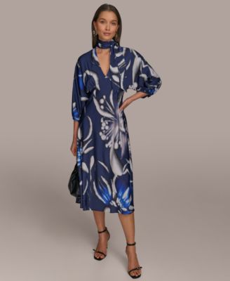 Donna Karan New York Womens Tie-Neck A-Line Midi D Electric Blue Multi 2