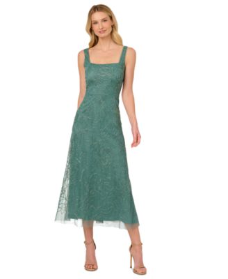 Adrianna Papell Womens Square-Neck Beaded Mes Greenslate 18