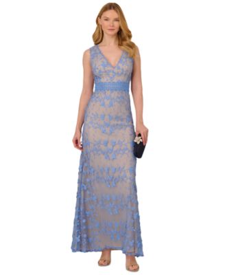 Adrianna Papell Womens Embroidered V-Neck Lac Peri Blue 16