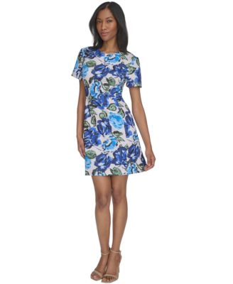Halston Womens Printed Fit Flare Sh Sea Blue Multi 4