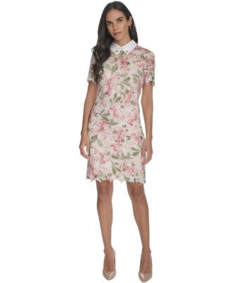 Halston Womens Collared Floral Lace S Cream Multi 16