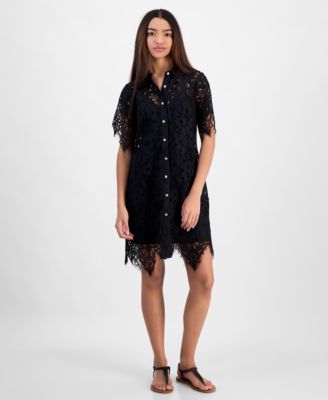 14th Place Juniors Lace Button-Front Sho Black M