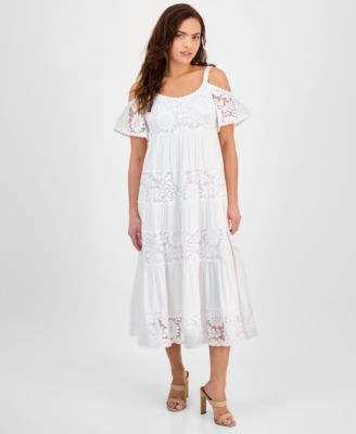 Robbie Bee Petite Lace Cold-Shoulder Flut White PM