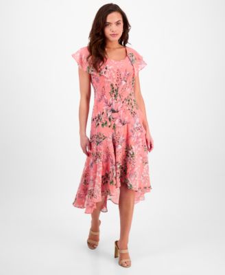 Robbie Bee Petite Floral Flutter-Sleeve M Coral Multi 6P