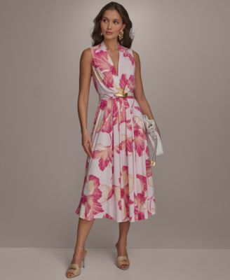 Donna Karan New York Womens Floral-Print A-Line Dr Misty Rose Pink 12