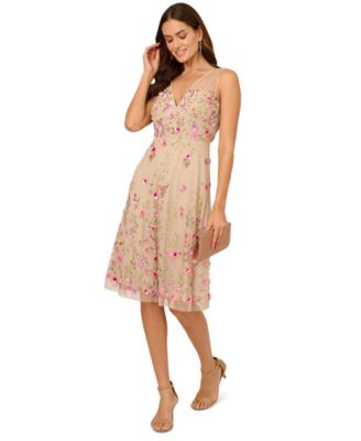 Adrianna Papell Womens Beaded Mesh Midi Dress Biscotti Multi 6