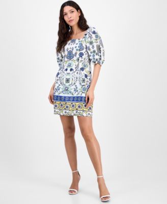 Anne Klein Womens Printed Puff-Sleeve Sh Pearl White Multi 14