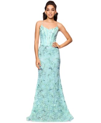 Betsy Adam Womens Sequined Lace Corset G Aqua 8