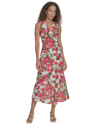 Calvin Klein Womens Floral V-Neck Sleevele Watermelon Multi 14